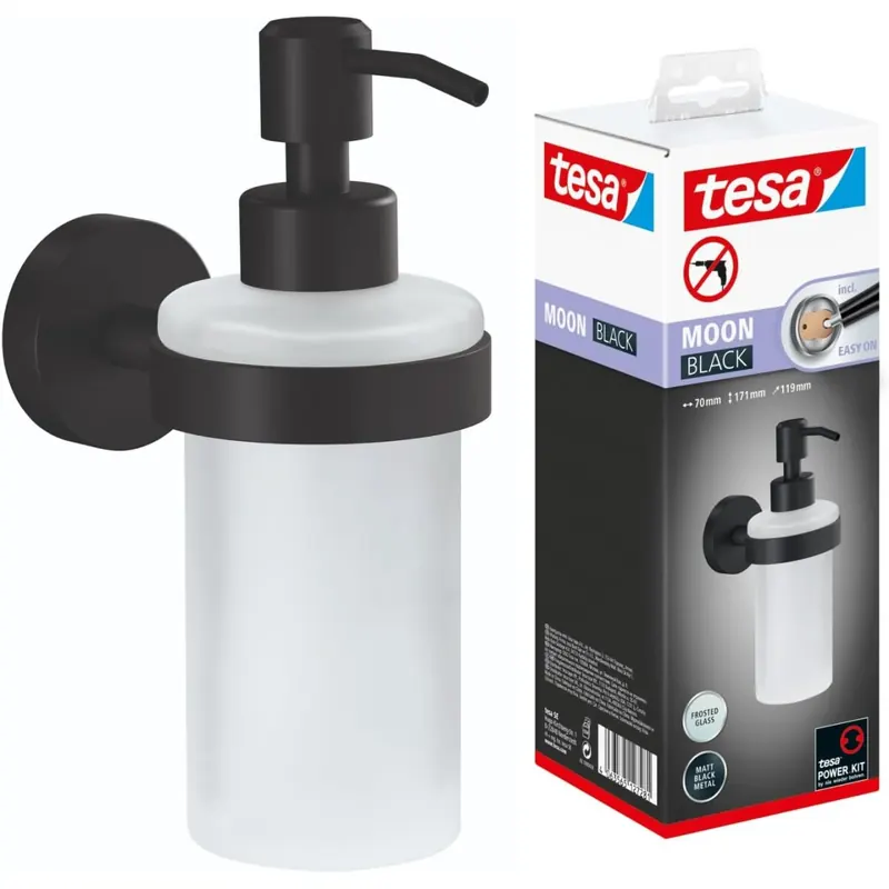 tesa Moon Black Seifenspender, matt schwarz, Pumpspender aus satiniertem Glas, 200 ml - für Bäder im Industrial Style und Moderne Badezimmer - bohrfrei, inkl. Klebelösung
