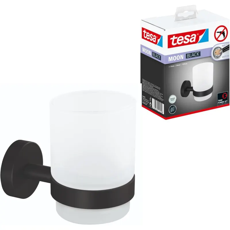 tesa Moon Black Zahnputzbecher aus satiniertem Glas mit Halter, matt schwarz - für Bäder im Industrial Style und Moderne Badezimmer - bohrfrei, inkl. Klebelösung