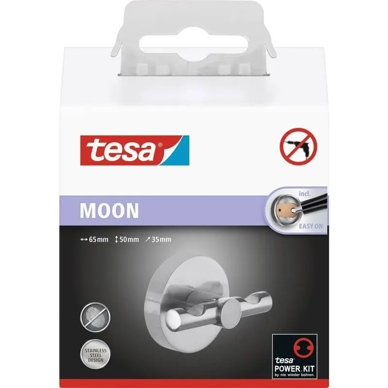 tesa MOON Handtuchhaken, verchromter Edelstahl - Bad-Haken zur Wandbefestigung ohne Bohren, inkl. Klebelösung