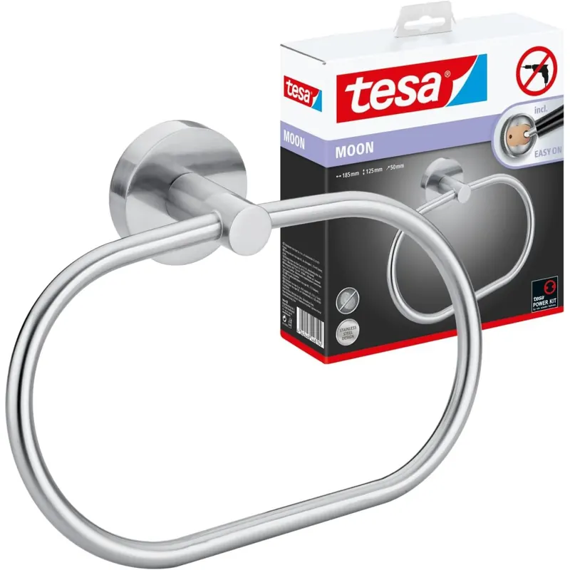 tesa Moon Handtuchring, Edelstahloptik - Handtuchhalter-Ring oval - zur Wandbefestigung ohne Bohren, inkl. Klebelösung