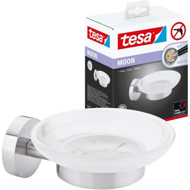 tesa Moon Seifenschale mit Wandhalterung, satiniertem Glas und verchromtem Edelstahl - zur Wandbefestigung ohne Bohren, inkl. Klebelösung