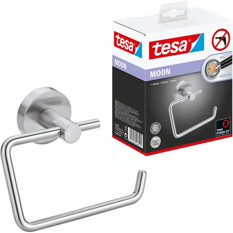 tesa Moon Toilettenpapierhalter, verchromt - WC-Rollenhalter zur Wandbefestigung ohne Bohren, inkl. Klebelösung