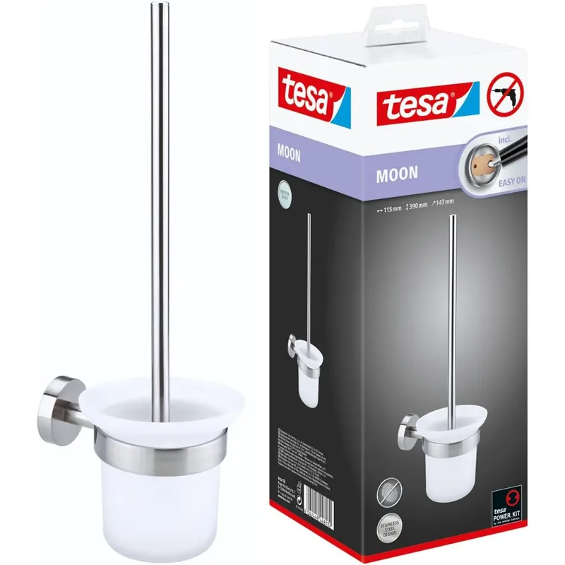 tesa Moon WC-Garnitur, satiniertes Glas und verchromter Edelstahl - Toilettenbürsten-Set zur Wandbefestigung ohne Bohren, inkl. Klebelösung