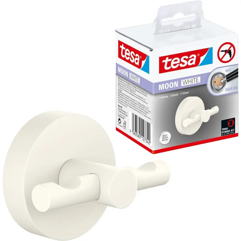 tesa MOON WHITE Bademantelhaken, matt weiß - für Bäder im Industrial Style und moderne Badezimmer - bohrfrei, inkl. Klebelösung