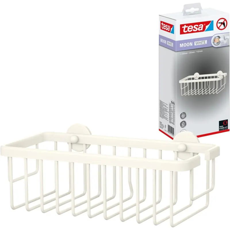 tesa MOON WHITE Duschablage zur Wandmontage ohne Bohren, weiß matt - einstöckig und extra tief - für Bäder im Industrial Style und moderne Badezimmer