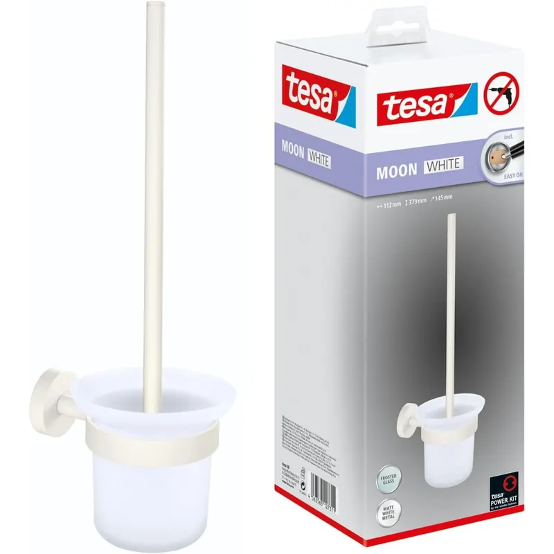 tesa Moon White WC-Garnitur, Set mit Halter & WC-Bürste, matt weiß, satiniertes Glas - für Bäder im Industrial Style und Moderne Badezimmer - bohrfrei, inkl. Klebelösung