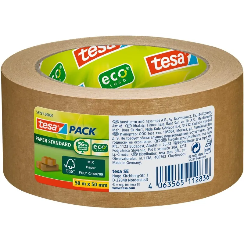 tesa PACK Papier Standard - Umweltschonendes Paketband aus Papier, 56 % biobasiertes Material - Effizient und recyclingfreundlich - Braun - 50 m x 50 mm