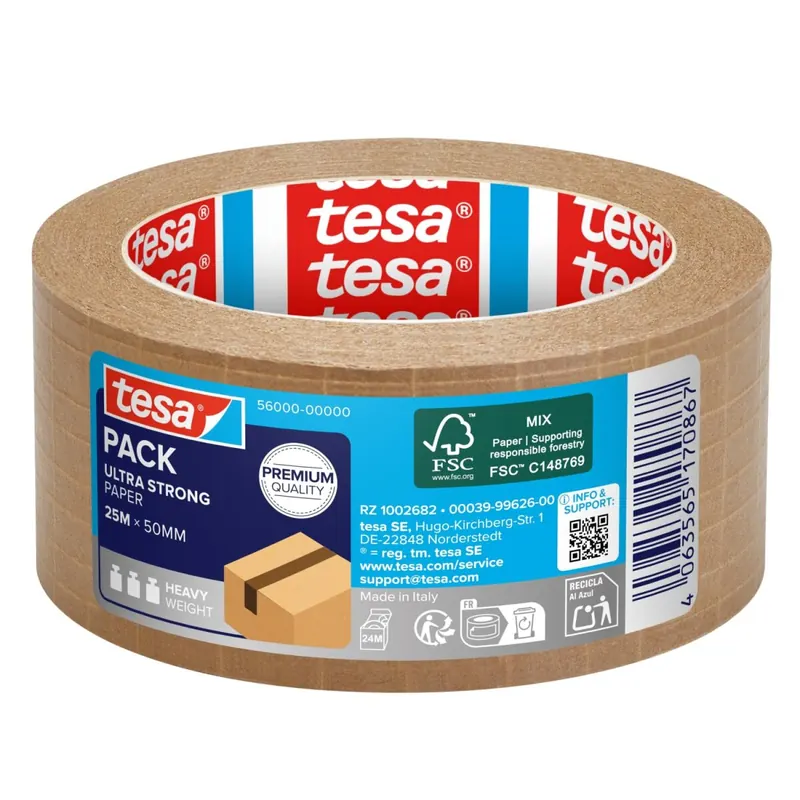 tesa pack PAPIER ULTRA STRONG ecoLogo - glasfaserverstärkt, mit extra starker Haftkraft - recyclingfreundliches Papier-Packband aus FSC-zertifizierten Rohstoffen - 25 m x 50 mm
