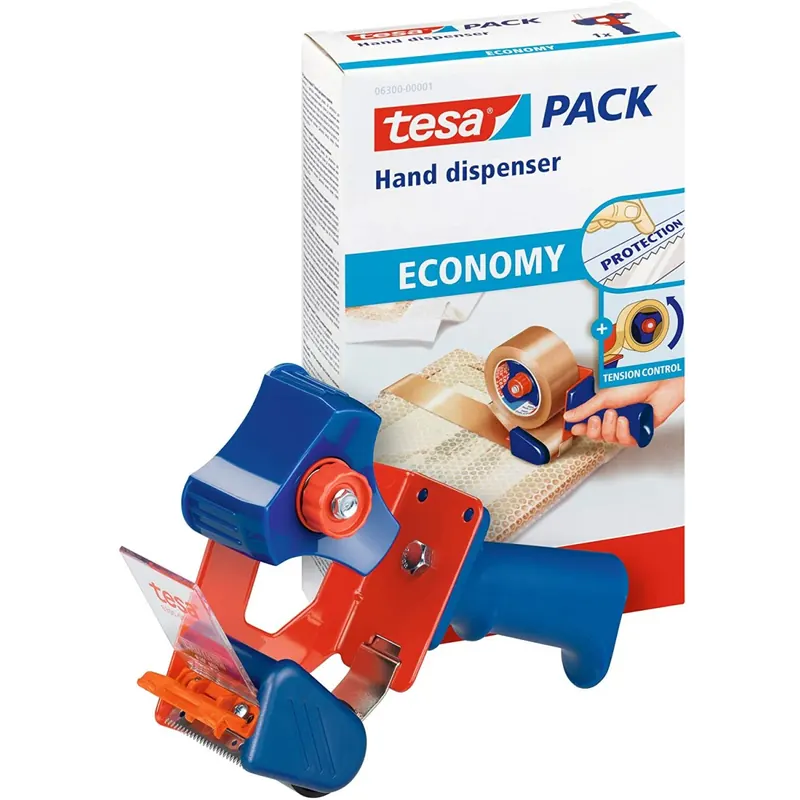 tesa Packband Handabroller ECONOMY - robuster Abroller für Paketbänder - Profi-Qualität - Für Klebebänder mit bis zu 50 cm Breite