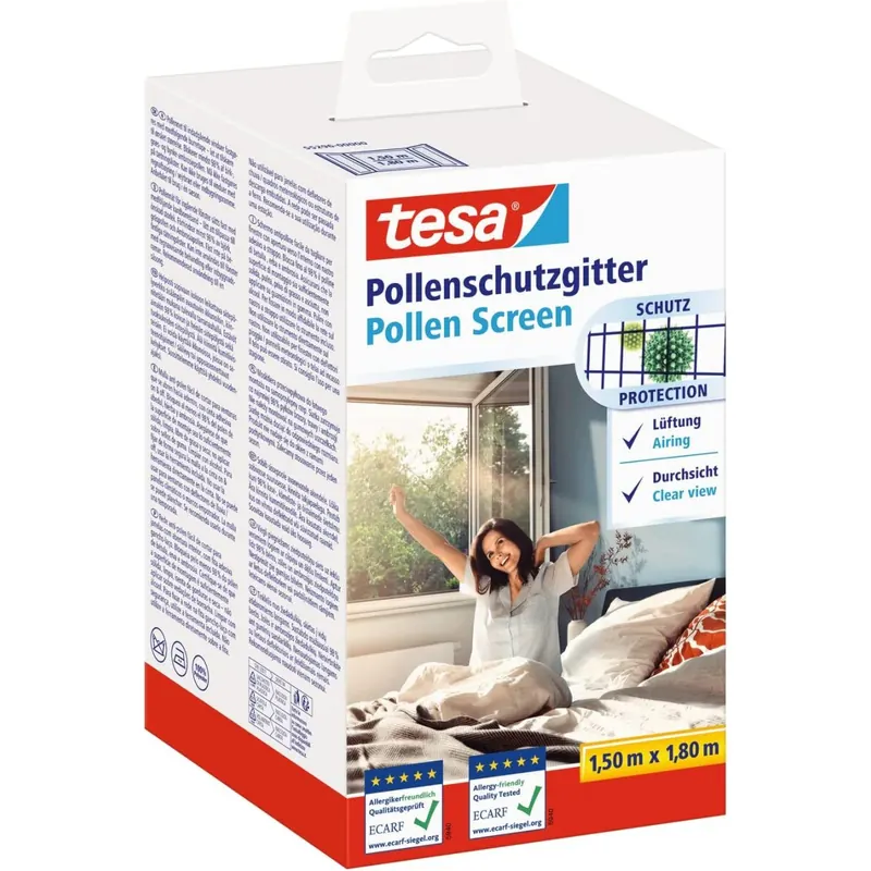 tesa Pollenschutzgitter - zuschneidbarer, transparenter Pollenschutz für Allergiker - für nach innen öffnende Fenster - inkl. selbstklebendem Klettband - Anthrazit - 150 cm x 180 cm