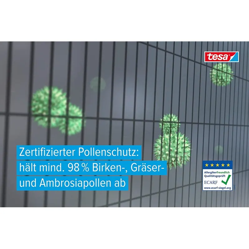 tesa Pollenschutzgitter - zuschneidbarer, transparenter Pollenschutz für Allergiker - für nach innen öffnende Fenster - inkl. selbstklebendem Klettband - Anthrazit - 120 cm x 240 cm