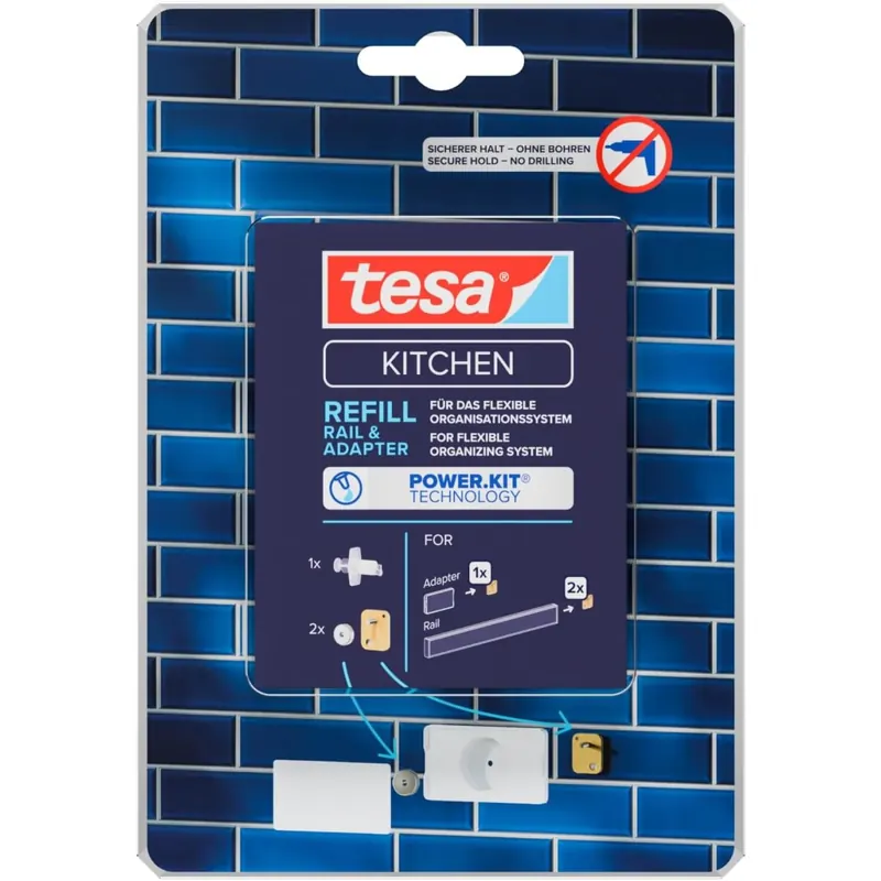 tesa Power.Kit Küchen-Organizer Nachfüllpack - für die Wandmontage von Kombi-Sets und Küchenzubehör - Wiederverwendung von Küchenreling und Adapter - 1 x Ersatzteil-Set