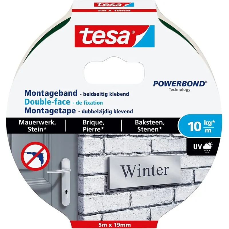 tesa Powerbond Montageband für Ziegel und Stein, 10 kg Haltekraft pro Meter - doppelseitiges Montageklebeband für Innen und Außen - 5 m x 19 mm