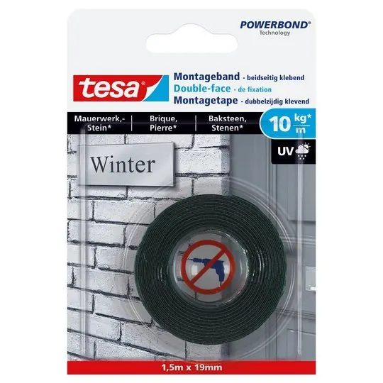 tesa Powerbond Montageband für Ziegel und Stein, 10 kg Haltekraft pro Meter - doppelseitiges Montageklebeband für Innen und Außen - 1,50 m x 19 mm