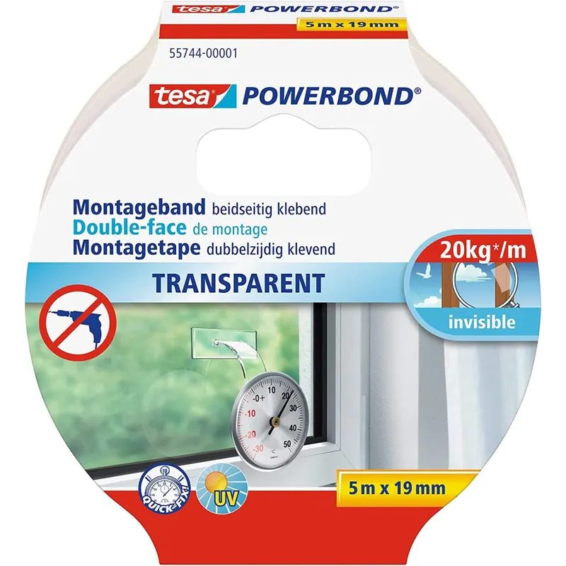 tesa Powerbond Montageband Transparent - doppelseitiges Klebeband - durchsichtiges Montage-Klebeband - transparent, 5 m x 19 mm, 1 Rolle