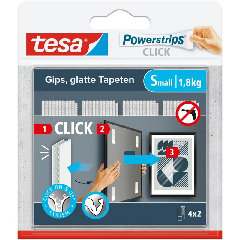 tesa Powerstrips CLICK - Klett-Klebepads zum An- und Abklicken von Bilderrahmen und Wanddekorationen ohne Bohren - selbstklebende Klettband-Strips mit ON und OFF Click-System - Small - 4 x 2 Stück
