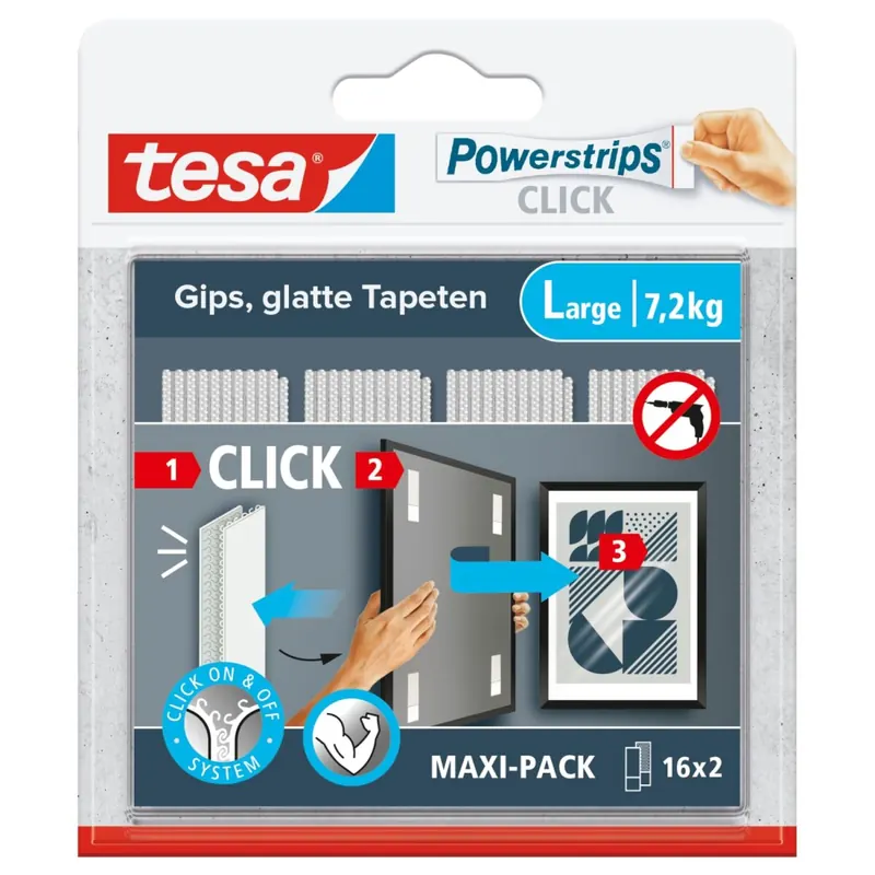 tesa Powerstrips CLICK - Klett-Klebepads zum An- und Abklicken von Bilderrahmen und Wanddekorationen ohne Bohren - selbstklebende Klettband-Strips mit ON und OFF Click-System - Large - 16 x 2 Stück
