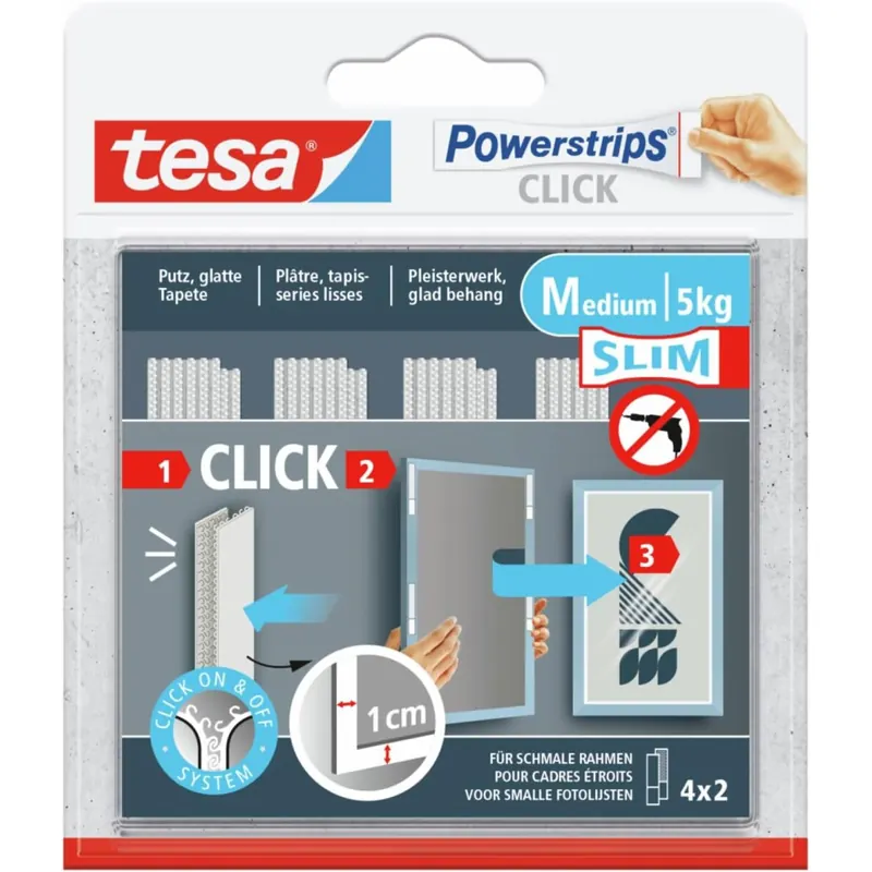 tesa Powerstrips CLICK - Klett-Klebepads zum An- und Abklicken von Bilderrahmen und Wanddekorationen ohne Bohren - selbstklebende Klettband-Strips mit ON und OFF Click-System - Slim - 4 x 2 Stück