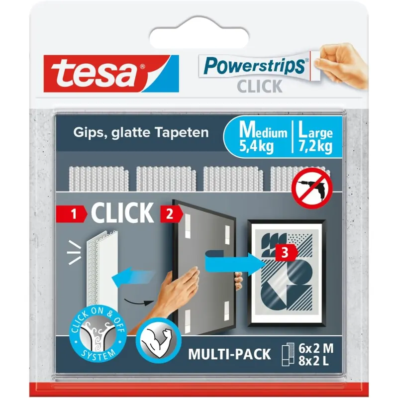 tesa Powerstrips CLICK - Klett-Klebepads zum An- und Abklicken von Bilderrahmen und Wanddekorationen ohne Bohren - selbstklebende Klettband-Strips mit ON und OFF Click-System - 6 x 2 M, 8 x 2 L