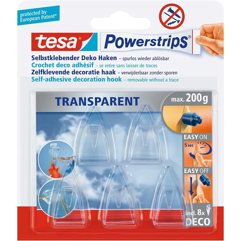 tesa Powerstrips Deco-Haken, kristall klar 5 Stk + 8 Deco-Strips