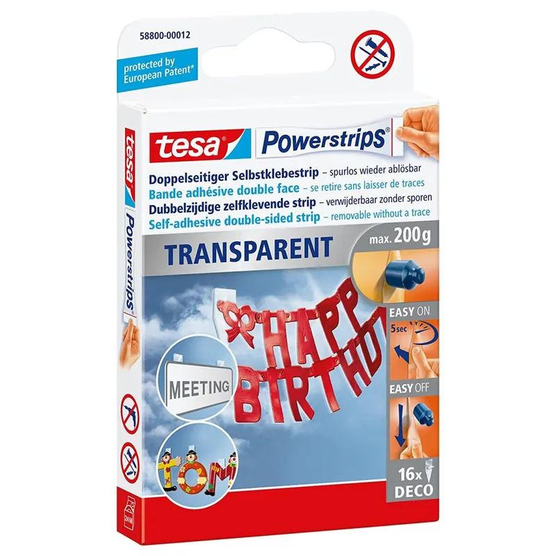 tesa Powerstrips DECO, transparent, bis 200g, Packung mit 16 Strips