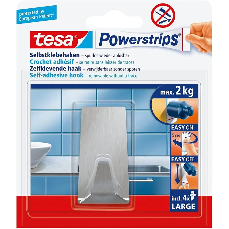 tesa Powerstrips Haken LARGE aus Metall - selbstklebender Badhaken, verstellbar, eckige Form - im Haushalt vielseitig einsetzbarer Metallhaken - belastbar bis 2 kg