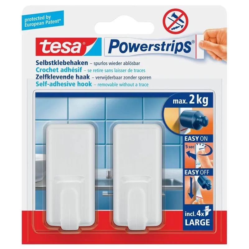tesa Powerstrips Haken Large CLASSIC - Selbstklebender Wandhaken für Glas, Kacheln, Holz, Kunststoff und andere Untergründe - Weiß