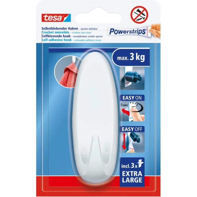 tesa Powerstrips Klebehaken XL Oval - selbstklebender Haken mit extra starkem Halt - wiederverwendbarer Wandhaken für Bad oder Küche - Montage ohne Bohren - Weiß - 1 x Haken, 3 x Powerstrips XL