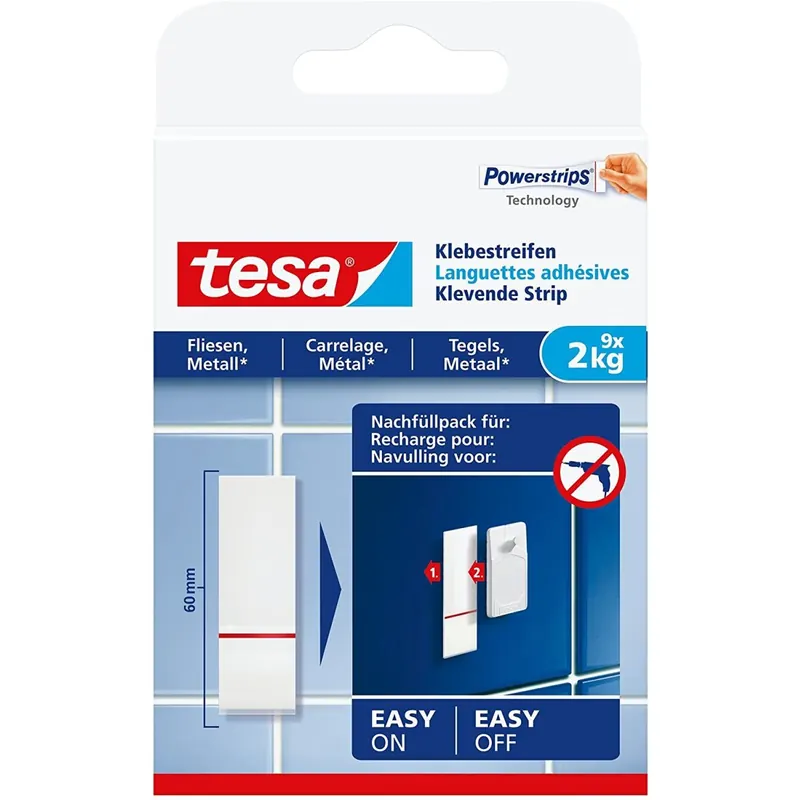 tesa Powerstrips Klebestreifen für Fliesen und Metall 2 kg - Doppelseitige Streifen für feste, glatte Flächen - Bis zu 2 kg Halteleistung pro Streifen - 9 Stück