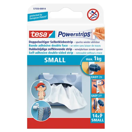 tesa Powerstrips Small - Doppelseitige Klebestreifen zur Montage von Gegenständen auf glatten Oberflächen - Bis zu 1 kg Halteleistung - 14er Pack Powerstrips