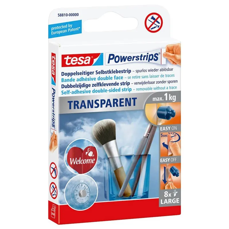 tesa Powerstrips Strips TRANSPARENT, für max. 1kg, Packung mit 8 Strips