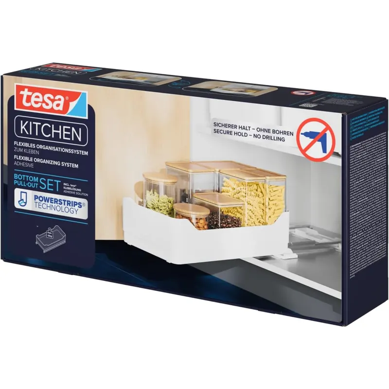 tesa Pull-Out ausziehbare Schublade für die Küche - selbstklebender Bodenauszug für den Küchenschrank - Schubladenauszug ohne Bohren - Teleskopschublade für Küchenutensilien