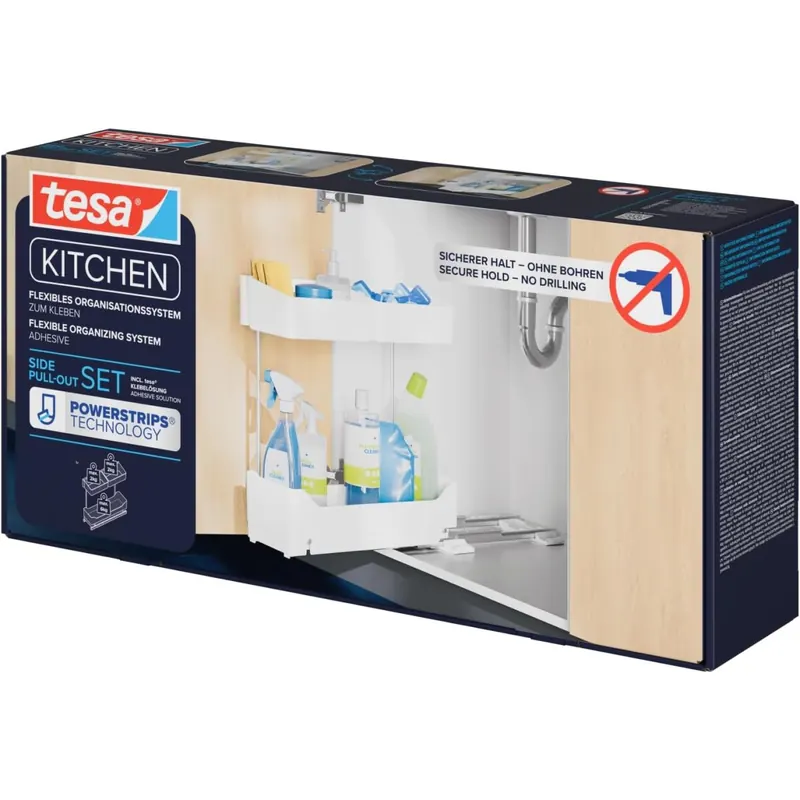 tesa Pull-Out ausziehbare Schublade für die Küche - selbstklebender Seitenauszug für den Küchenschrank - Schubladenauszug ohne Bohren - Teleskopschublade für Küchenutensilien