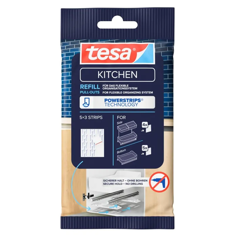 tesa Pull Out Powerstrips Nachfüllpack für selbstklebende Schubladenschienen - für die Wiederverwendung der ausziehbaren Küchen-Schublade - geeignet für den Boden- und Seitenauszug - 15 Powerstrips