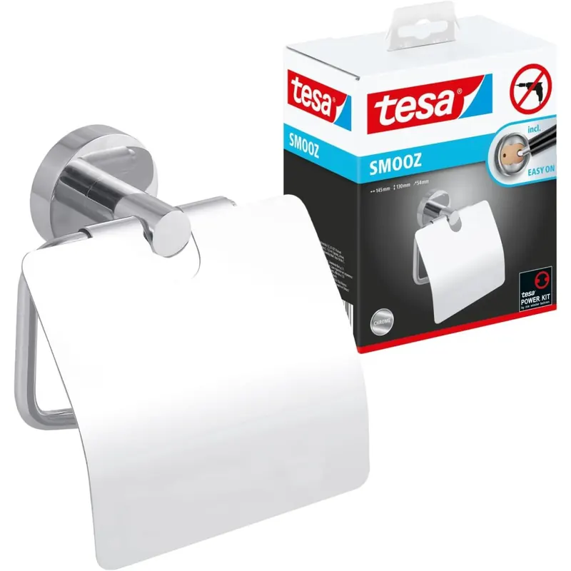 tesa SMOOZ Toilettenpapierhalter mit Deckel, verchromt - WC-Rollenhalter zur Wandbefestigung ohne Bohren, inkl. Klebelösung