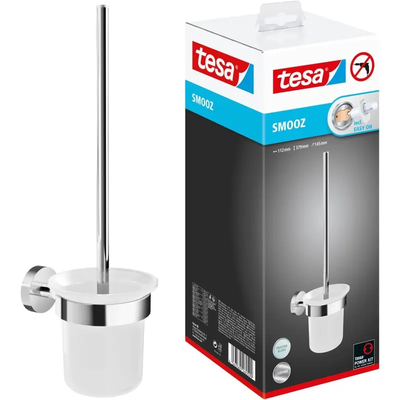 tesa SMOOZ WC-Garnitur, satiniertes Glas und verchromter Edelstahl - Toilettenbürsten-Set zur Wandbefestigung ohne Bohren, inkl. Klebelösung - 137 mm x 97 mm x 410 mm