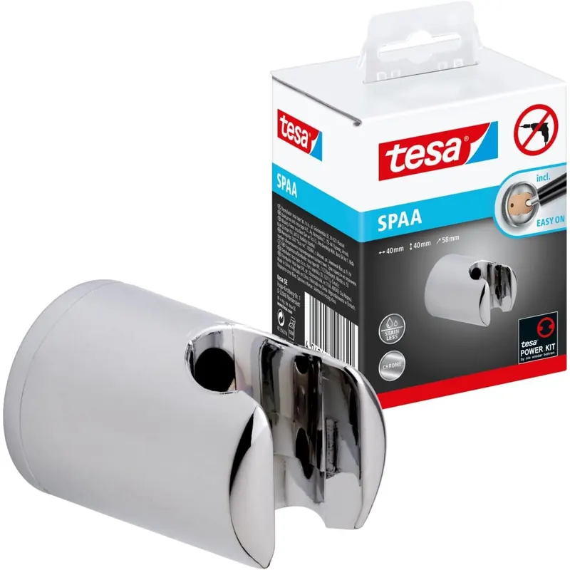 tesa SPAA Duschkopfhalterung, verchromt, garantiert rostfrei, Wandmontage ohne Bohren, inkl. Klebelösung