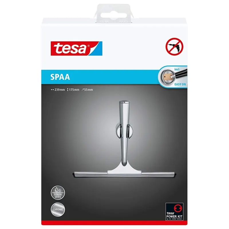 Tesa Spaa Duschwischer (NICHT BOHREN, verchromt, rostfrei, inkl. Halterung und Klebelösung, weiche Gummilippe, 175mm x 239mm x 55mm) 40345-00000