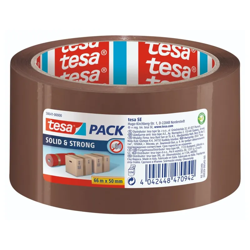 tesa tesapack Solid & Strong Packband - 66 m x 50 mm, braun - Starkes Paketklebeband aus PP-Folie - alterungs-, UV- und temperaturbeständiges Paketband - geräuscharmes Klebeband
