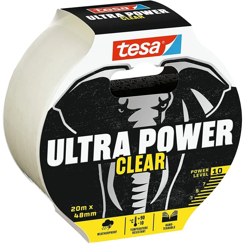 tesa Ultra Power Clear Repairing Tape - Transparentes Reparaturband für unsichtbare Reparaturen - wetterbeständig und handeinreißbar - 20 m x 48 mm