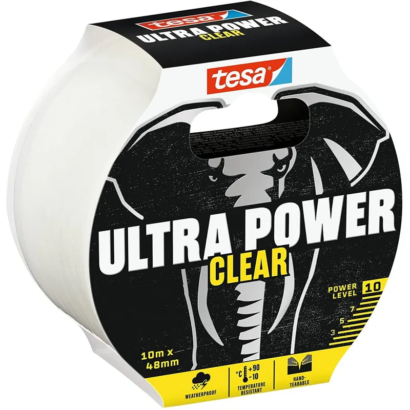 tesa Ultra Power Clear Repairing Tape - Transparentes Reparaturband für unsichtbare Reparaturen - wetterbeständig und handeinreißbar - 10 m x 48 mm