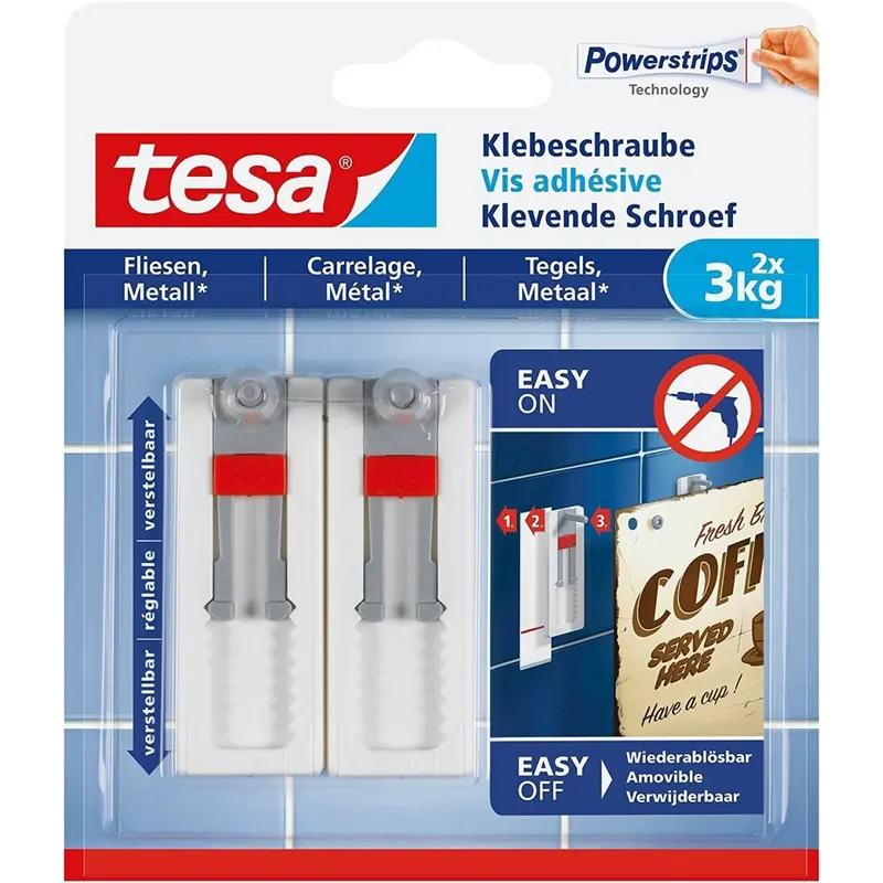 tesa Verstellbare Klebeschraube für Fliesen und Metall, spurlos wiederablösbar, Haltekraft bis zu 3kg | 4er Set: enthält 8 Schrauben