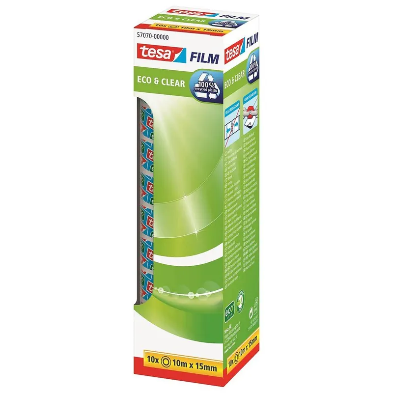tesafilm eco & clear - Umweltfreundliches Klebeband - Klebestark, lösungsmittelfrei und alterungsbeständig - 10 m x 15 mm - 10er Pack