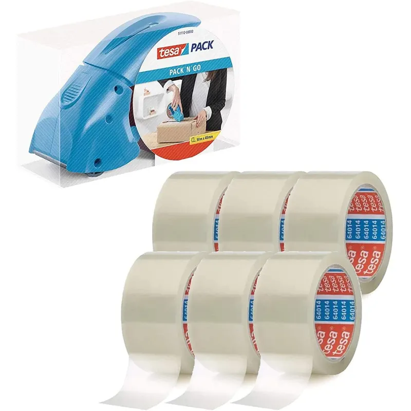 tesapack Abroller Pack' n' Go - Ergonomischer, blauer Handabroller für Paketbänder - Inklusive 50 m x 48 mm Klebeband (1 Abroller + 6 Rollen)