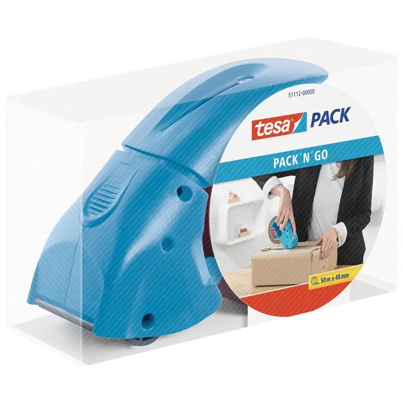 tesapack Abroller Pack' n' Go - Ergonomischer, blauer Handabroller für Paketbänder - Inklusive 50 m x 48 mm Klebeband