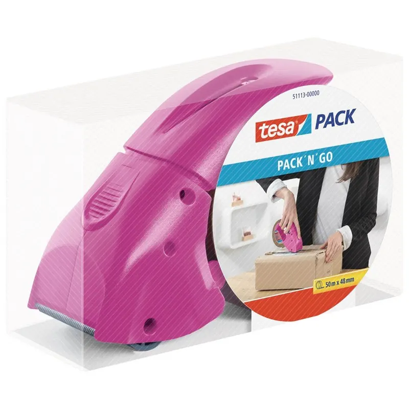tesapack Abroller Pack' n' Go - Ergonomischer, pinker Handabroller für Paketbänder - Inklusive 50 m x 48 mm Klebeband