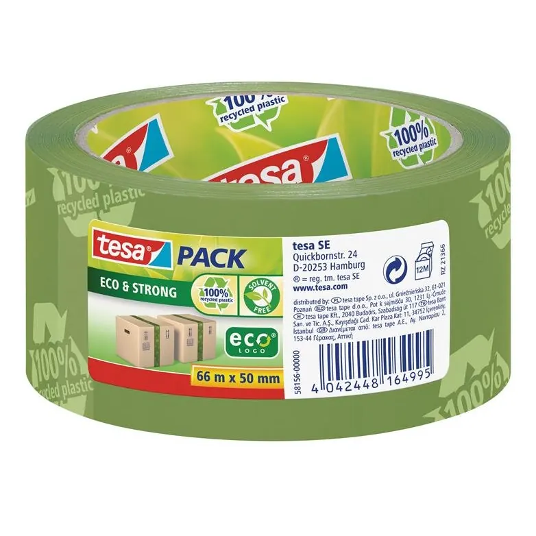 tesapack Eco und Strong - Umweltschonendes Paketband aus 100 Prozent recyceltem Kunststoff, UV- und alterungsbeständig - Grün bedruckt - 66 m x 50 mm