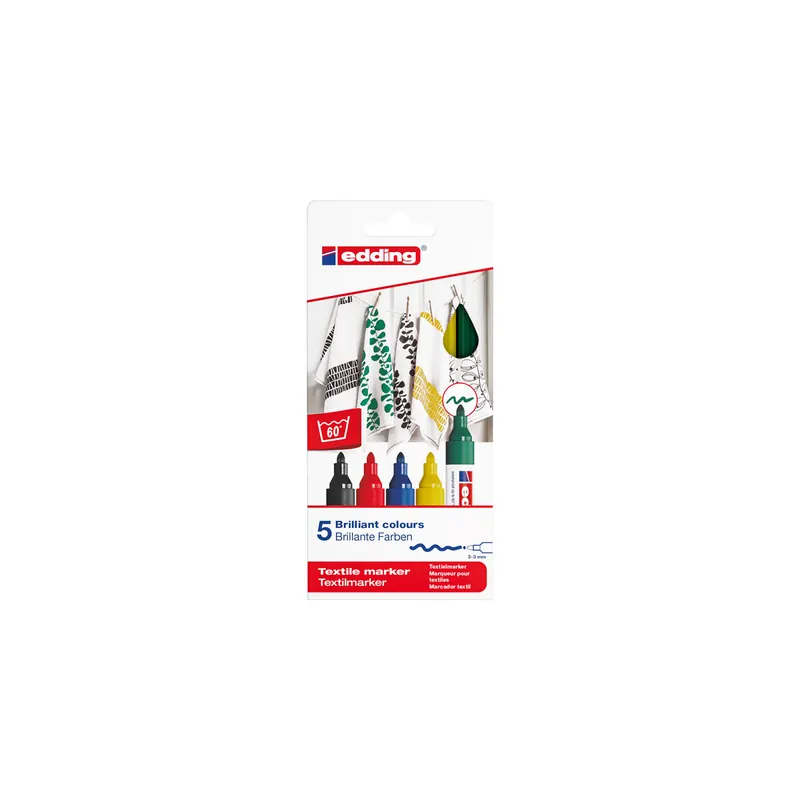 Textilmarker edding creative 4500 - farbig sortiert basic 2-3 mm Rundspitze permanent nicht nachfüllbar 5er-Set