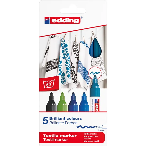 Textilmarker edding creative 4500 - farbig sortiert cool 2-3 mm Rundspitze permanent nicht nachfüllbar 5er-Set
