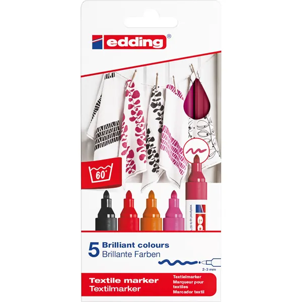 Textilmarker edding creative 4500 - farbig sortiert warm 2-3 mm Rundspitze permanent nicht nachfüllbar 5er-Set